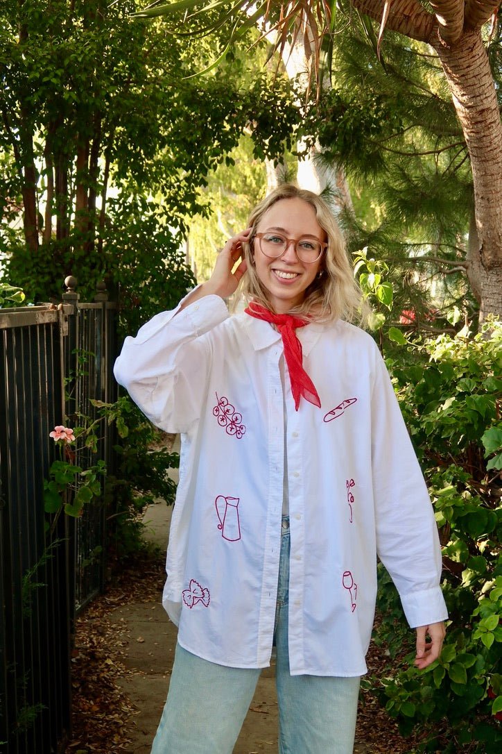 Dinner embroidered shirt - food embroidery - tomato shirt - dinner night shirt- slow fashion - handmade - spring shirt - outfit inspo