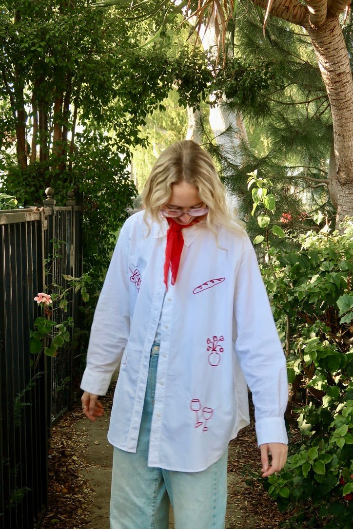 Dinner embroidered shirt - food embroidery - tomato shirt - dinner night shirt- slow fashion - handmade - spring shirt -  outfit inspo 