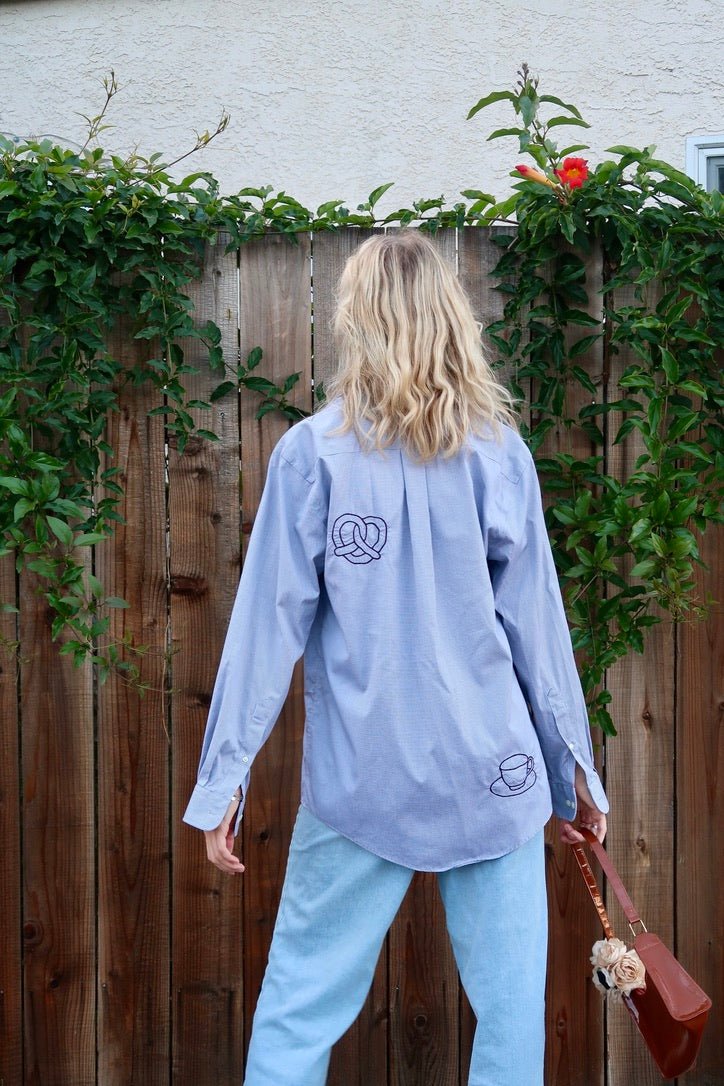 Coffeeshop embroidered shirt  - coffee mug embroidery - croissant embroidery - teacup embroidery - slow fashion - handmade - spring shirt -  outfit inspo